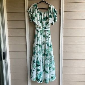 NWT Danny & Nicole Green & White Off The Shoulder Ruffled Tiered Maxi Dress